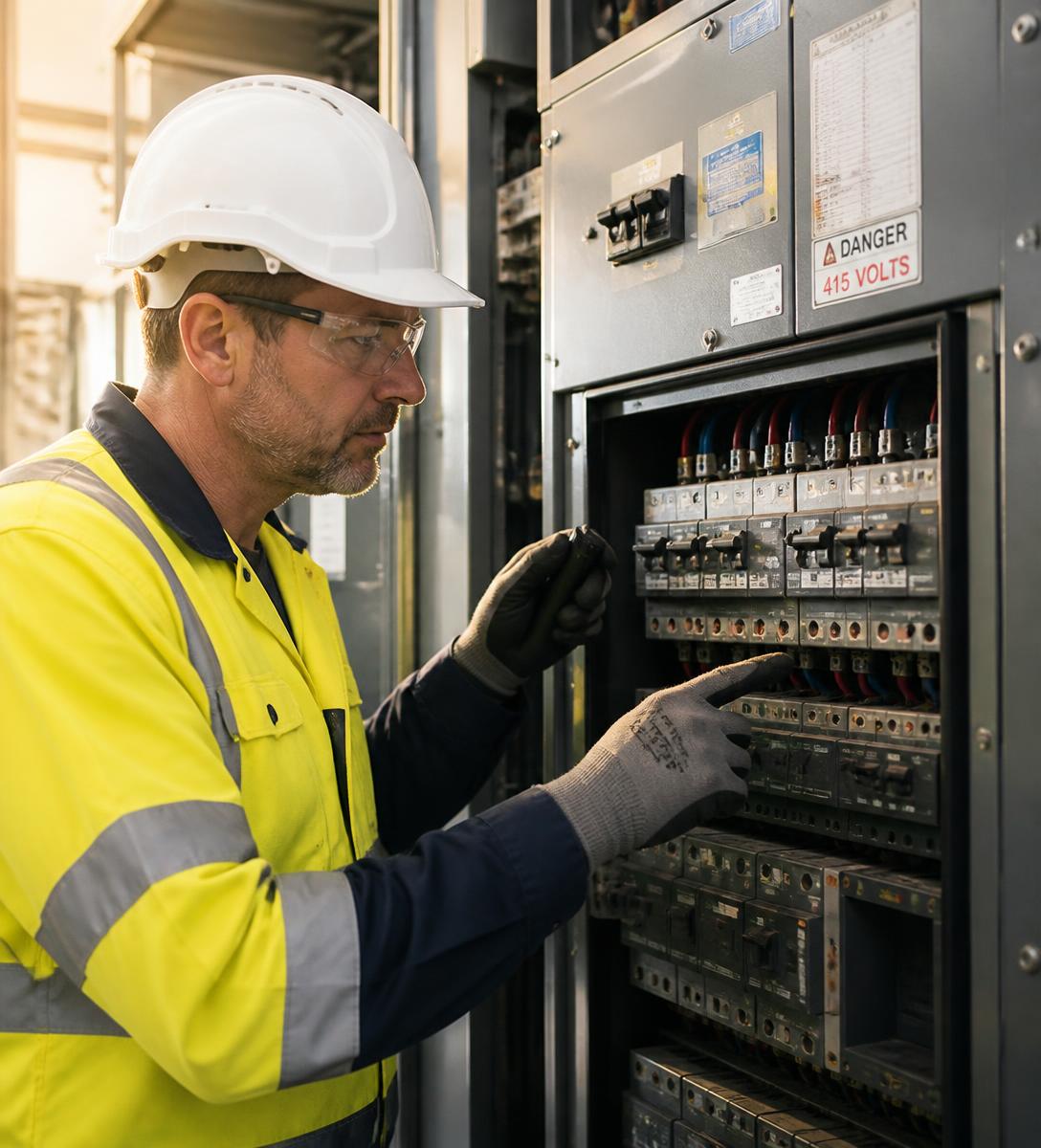 Electrical contractor in safety gear inspecting a commercial switchboard