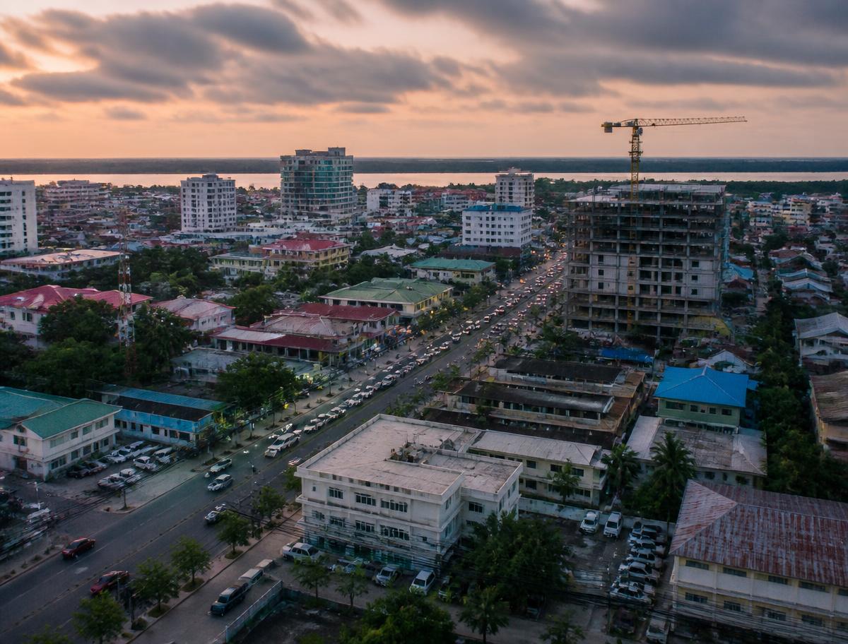 Aerial view of Georgetown, Guyana at dusk
